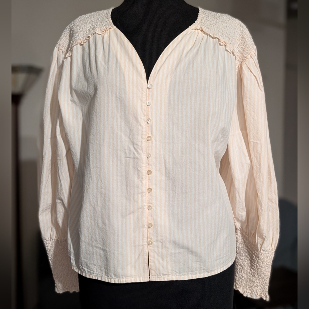 a new day Peach-Striped Smocked Yoke Button-Front Blouse